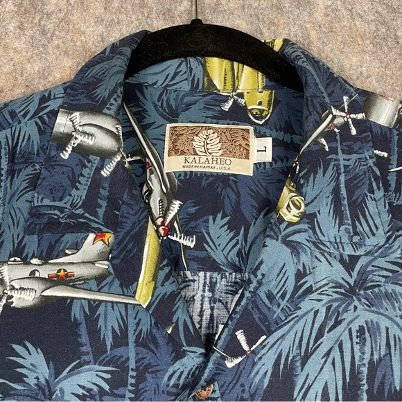 Kalaheo Fighter Bomber Airplane Hawaiian Beach Summer Military Camp Shirt - Sz L - Picture 4 of 15
